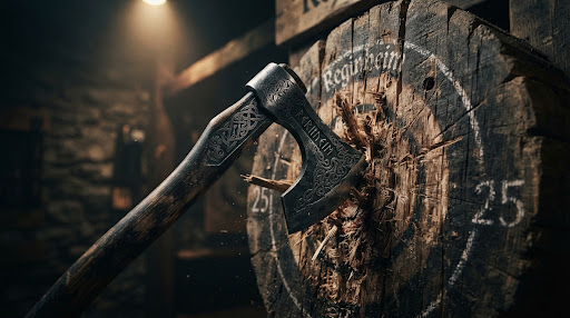 Engraved Viking throwing axe in a wooden target