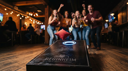 Cornhole beanbag in mid-air